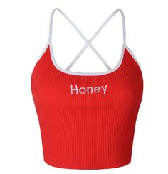 Cute Red crop top with honey writing across the front Soft Girl Outfits, Harajuku Outfits, Red Crop Top, Tank Top Straps, Tumblr Outfits, Letter Embroidery, Budget Fashion, Crop Top Shirts, Vest Shirt