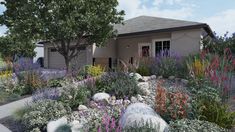 an artist's rendering of a garden with rocks and flowers