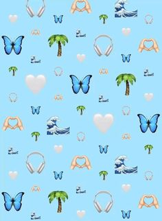 a blue wallpaper with various images of palm trees and headphones on it's sides