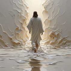 jesus walking into the water with his hands in his pockets as he walks towards him