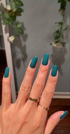 Medium square nails | gelx One Colour Acrylic Nails Square, Summer Nails Emerald Green, Black Peoples Nails, Nails Teal Green, Acrylic Nail Plain Color, Teal Color Nails Turquoise, Cute Short Square Nails One Color, Plain Coloured Acrylic Nails, Short Square Acrylic Nails Plain Color