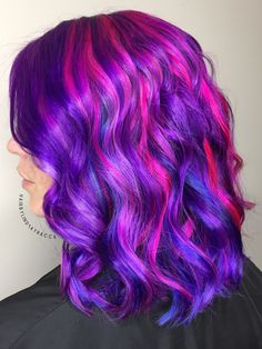 Purple Hair With Pink Highlights, Crazy Hair Color Ideas, Magenta Hair With Pink Money Piece, Purple And Magenta Hair, Magenta Hair Pink Money Piece, Vibrant Red Purple Hair, Magenta Purple And Blue Hair, Pink Purple Hair