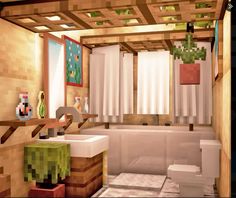 the bathroom is decorated in minecraft style