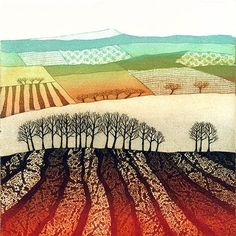 a drawing of trees in the middle of a field with hills and fields behind them