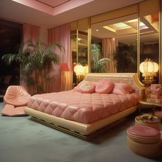 a bedroom with pink bedding and mirrored walls, palm trees in the mirror behind it