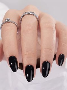 Chic Glossy Black Almond Press On Nails - BTArtbox Short Stick On Nails Kit with Nail Glue, Reusable & Perfect Fit in 12 Sizes #Oval_Pointy_Nails_Short #Squoval_Dark_Nails #Matte_Black_Nails_Almond_Shape #Black_Gel_Extension_Nails Squoval Dark Nails, Black Almost Nails, Black Gel Extension Nails, Black Medium Almond Nails, Dark Natural Nails, Dark Almond Nails Ideas, Black Gel Nails Almond, Edgy Gel Nails