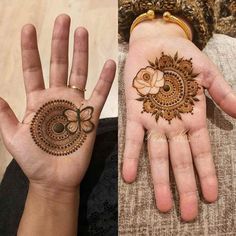 two hands with henna tattoos on them and one has a butterfly design on the palm