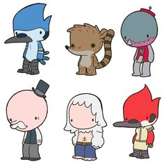 cartoon characters with different facial expressions and hair colors, all in various poses on a white background