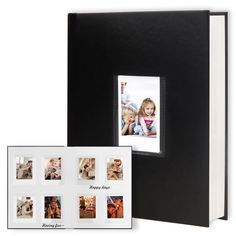 a black book with white pages and pictures on the cover is opened to show an album