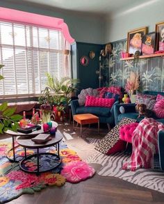 a living room filled with lots of colorful furniture