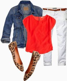 Love the mix of colors with the leopard ballet flats (which I already own). Outfits Polyvore, Fashion Mode, White Pants, Outfit Casual, Polyvore Outfits, Spring Summer Outfits, White Denim