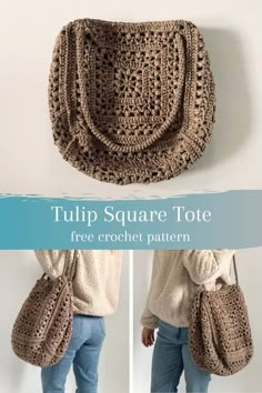 a crocheted purse is shown with the text tulip square tote free crochet pattern