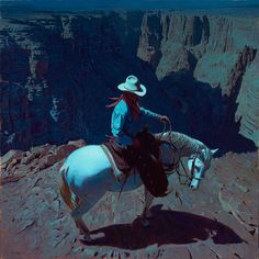 a painting of a person on a horse in front of a mountain range and canyon