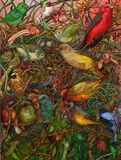 a painting with many different birds on it