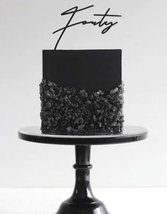 a black and white photo of a cake on a plate with the word forty written above it