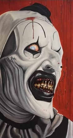 a painting of a creepy clown with teeth and blood on it's face is shown