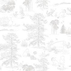 a white wallpaper with animals and trees on the back ground, as well as an outline