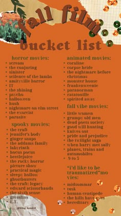 an orange and white poster with words on it that read all film bucket list for halloween