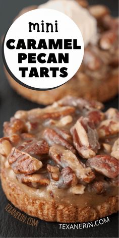 mini caramel pecan tarts with text overlay