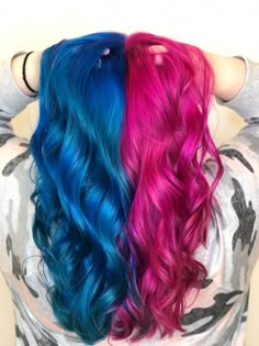 Hot Pink And Blue Hair, Pink And Blue Split Dye Hair, Two Tone Split Hair Color Ideas, Pink And Blue Hair Ideas, Fun Colored Hair, Half Colored Hair, Pink And Purple Hair, Exotic Hair Color, Blue And Pink Hair