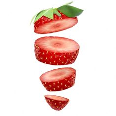 sliced strawberries falling into the air on white background