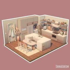 the interior of a dollhouse with furniture and accessories in it, including a kitchen