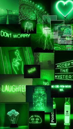 the collage shows neon lights, bottles and other things that are glowing in green