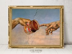 a painting of two hands reaching out to each other with a can in their hand