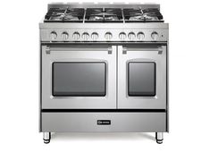 an oven with four burners and two doors on the front, in stainless steel