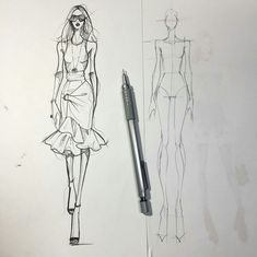 a drawing of a woman's dress with a pencil in her hand and another drawing of a model