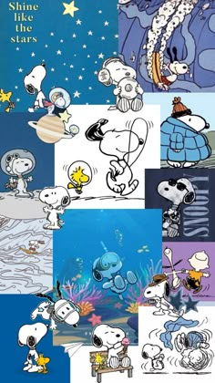 snoop and his friends are all in the same cartoon character collage, with stars above them