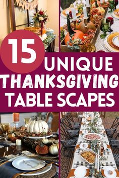 a collage of thanksgiving tables with pumpkins and other items on them, including plates