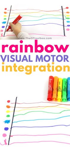 rainbow colored crayons on top of a white sheet with text overlay reading rainbow visual motor interaction