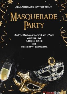 a masquerade party flyer with a mask and wine glass on the table next to it