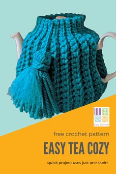 a knitted tea pot cover with tassels on it and the text, free crochet pattern easy tea cozy