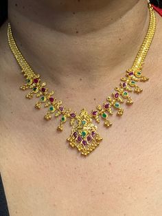 22 Karat Gold Necklace & Drop Earrings Set with Rubies & Emeralds  - 235-GS459 - in 26.000 Grams for USD $2300.99. 
Made in India by Totaram Jewelers Online this product is in Gold - 22 Karat BIS Hallmark 916 KDM Gold  & is an excellent gift for Adult - Women. Ships fully insured with secured guaranteed delivery for free with your order over $250 from New Jersey USA & comes with 30 days exchange policy. Gold Necklace Set Simple, Thali Designs, Ruby Emerald Necklace, Short Gold Necklace, Pretty Gold Necklaces, 22k Gold Necklace, Indian Wedding Jewelry Sets, Gold Jewels Design, Choker Necklace Designs