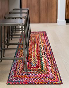 a multicolored area rug on the floor with stools in front of it