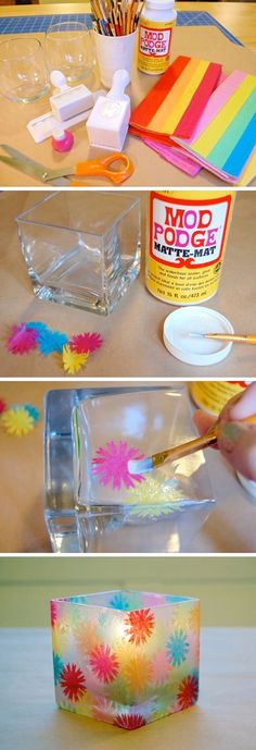 the process for making paper flowers is shown in three different stages, including glue and crafting