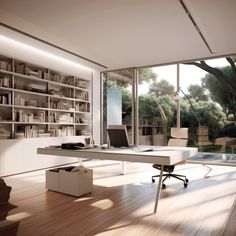 a room with a desk, bookshelf and large window overlooking the trees outside