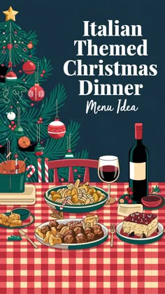 an italian christmas dinner with wine and food