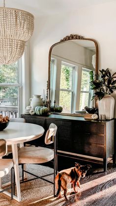 a dog is standing in front of a dining room table and chairs with a large mirror on the wall