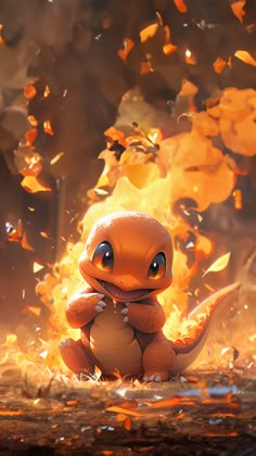 a cartoon character sitting in front of a fire with orange and yellow leaves flying around