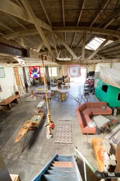 an overhead view of a warehouse with lots of furniture