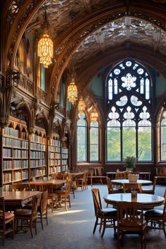 an old library with tables and chairs in front of a large window filled with books