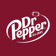 the dr pepper logo is shown on a dark red background, with white letters and a football