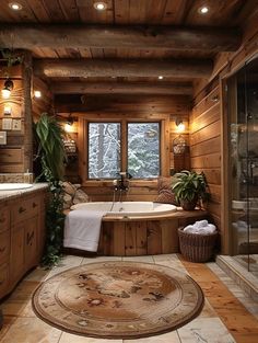 a bathroom with a large rug and wooden walls