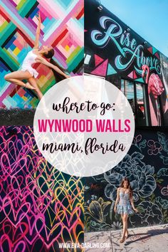 a woman standing in front of a mural with the words where to go wynwood walls