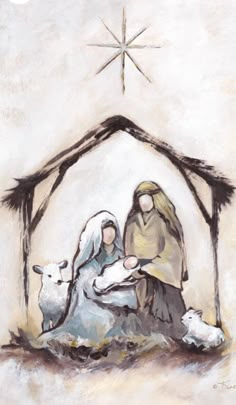 a painting of the birth of jesus and mary in a manger scene with sheep