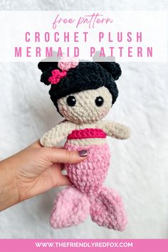 a crocheted doll is shown with text overlay that reads free pattern crochet plush mermaid pattern