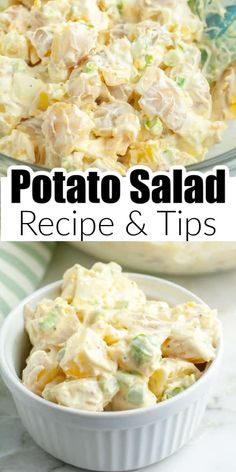 potato salad in a white bowl with text overlay that says potato salad recipe and tips